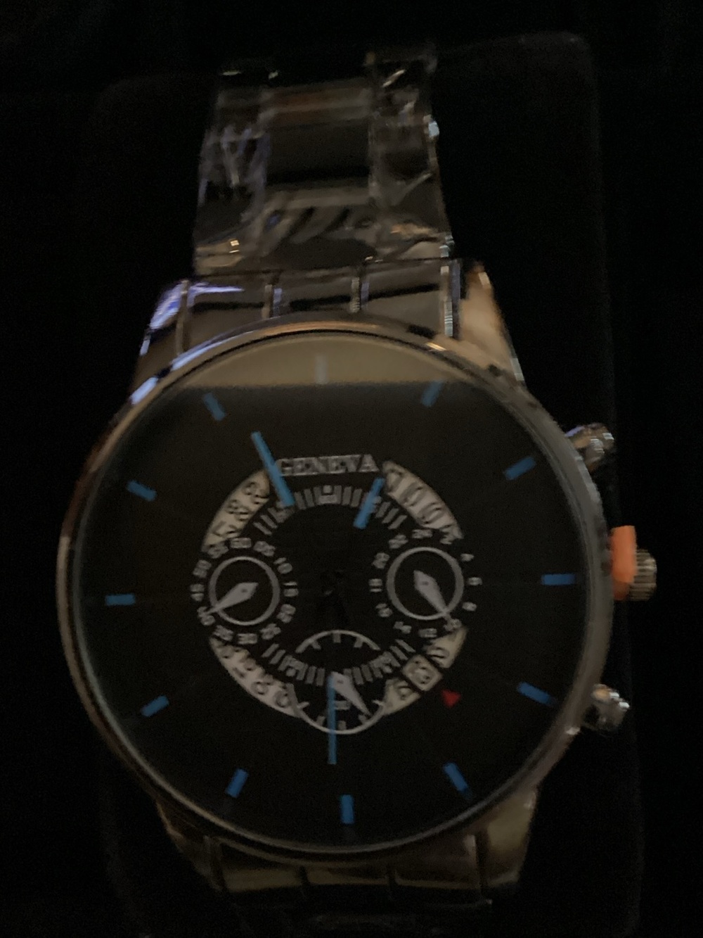 Geneva Black Dial Watch with Blue Accents and Silver Bracelet